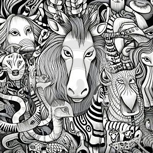 Zoo style hand drawn doodles on the subject of Zodiac signs. Zodiac background. Vector illustration