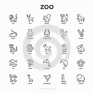 Zoo thin line icons set: lion, deer, horse, monkey, tiger, penguin, hippo, giraffe, elephant, turtle. Modern vector illustration
