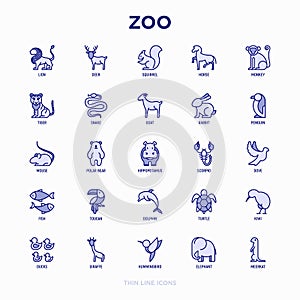 Zoo thin line icons set: lion, deer, horse, monkey, tiger, penguin, hippo, giraffe, elephant, turtle. Modern vector illustration