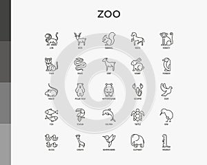 Zoo thin line icons set: lion, deer, horse, monkey, tiger, penguin, hippo, giraffe, elephant, turtle. Modern vector illustration