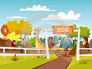 Zoo vector cartoon illustration or petting zoo with animals and visitors family and children