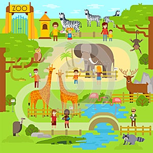 Zoo vector flat illustration. Animals vector flat design. Zoo infographic with elephant. People walk in the park, zoo photo