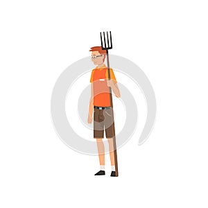 Zoo Worker Standing with Pitchfork, Professional Zookeeper Character Caring of Animal Vector Illustration