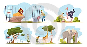 Zoo workers. Technician stuff making care to zoo animals feeds giraffe bear monkey exact vector flat pictures collection