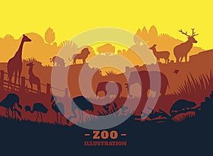 Zoo world illustration background, colored silhouettes elements, flat