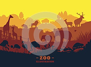 Zoo world illustration background, colored silhouettes elements, flat photo