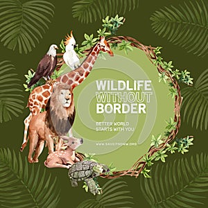 Zoo wreath design with giraffe, bird, lion watercolor illustration