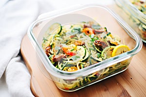 zoodles in a glass meal prep container