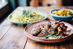 zoodles and grilled chicken on a rustic plate