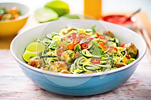 zoodles with meatballs in a bright bowl
