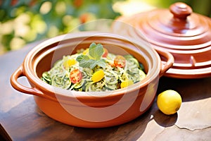 zoodles with pesto in a terracotta dish