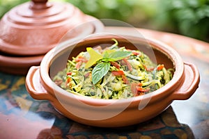 zoodles with pesto in a terracotta dish