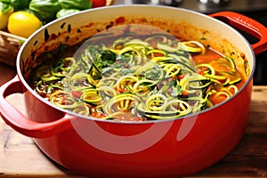 zoodles simmering in a red pot with seasonings