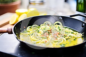 zoodles in a skillet with garlic and olive oil