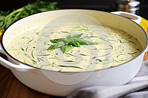 zoodles soaking in a creamy alfredo sauce