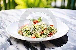 zoodles topped with parmesan and basil leaves