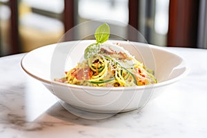 zoodles topped with parmesan and basil leaves