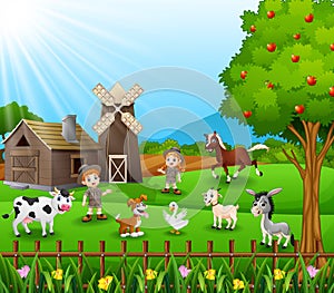 Zookeeper with the animals in the farm background