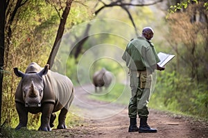 zookeeper with a clipboard, observing a rhinos behavior