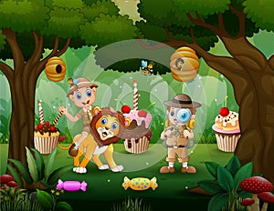 The zookeeper and lion in the sweet forest