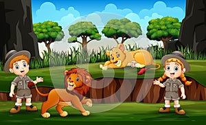 Zookeeper with lions on nature