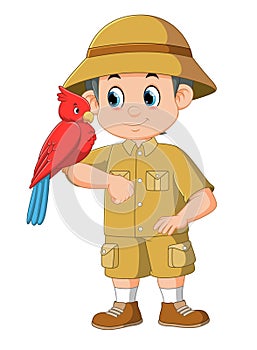 A zookeeper playing with bird isolated on white background