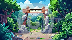 Zoological garden with a wooden board on a stone arch and a cashier booth. Modern cartoon landscape of a zoo entrance