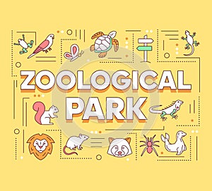 Zoological park word concepts banner. Zoo animals. Wildlife. Reptiles, birds and mammals. Presentation, website