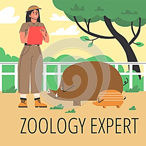 Zoological poster: female zoologist and wild boars in flat style.