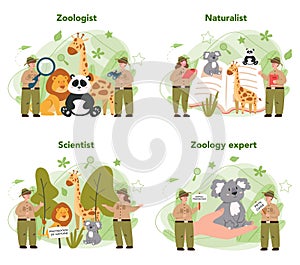 Zoologist concept set. Scientist exploring and studying fauna. Wild animal