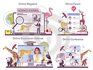 Zoologist online service or platform set. Scientist exploring and studying