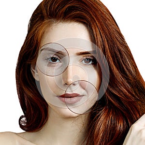 Zoom circle shows of aged skin of redhead woman before and after rejuvenation.
