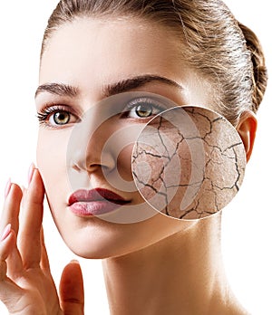 Zoom circle shows dry facial skin before moistening.