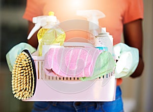 Zoom of hands, home cleaning or hygiene product equipment of liquid chemical, disinfectant spray bottle or brush sponge