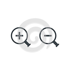 Zoom icon, magnifying glass with plus and minus sign. Vector symbol