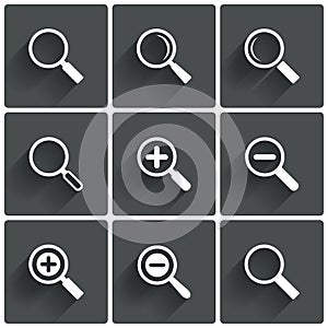 Zoom icons. Search symbols. Magnifier Glass signs.