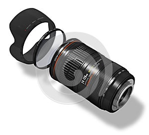 Zoom lens with hood and filter