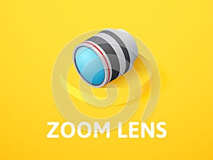 Zoom lens isometric icon, isolated on color background