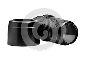 Zoom lens with a lens hood for the camera on a white background