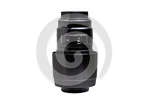 Zoom lens with a lens hood for the camera on a white background