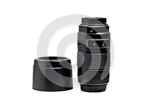 Zoom lens with a lens hood for the camera on a white background