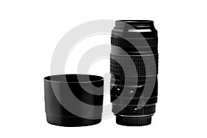 Zoom lens with a lens hood for the camera on a white background