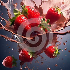 zoom in on the moment of immersion capturing the splashes and ripples as the strawberry meets the