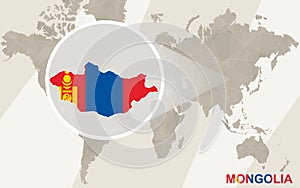 Zoom on Mongolia Map and Flag. World Map