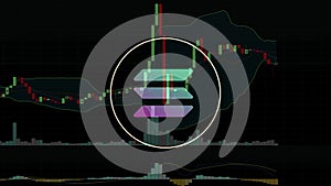 Zoom out of solana sol crypto coin symbol on the background of a falling graph