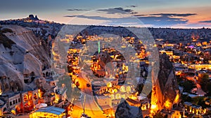 Zoom out Timelapse view of Goreme village in Cappadocia at night in Turkey