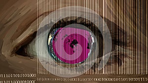 Zoom on a painted eye evoking biometry, facial and eye recognition, with computer code numbers integration