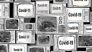 Zoom on several television stations all gradually broadcasting a Covid-19 message, programs stop, dissemination of the coronavirus