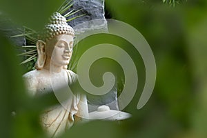 A zoom-in shot of Buddha statue through the green bushes. Enlightment concept photo