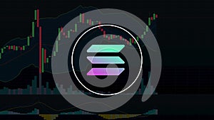 Zoom in of solana crypto coin symbol on a growing trading chart abstract video